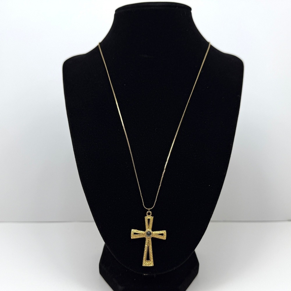 Vintage Cross Pendant Necklace Clear Looking Stone With Lords Pray Jewelry